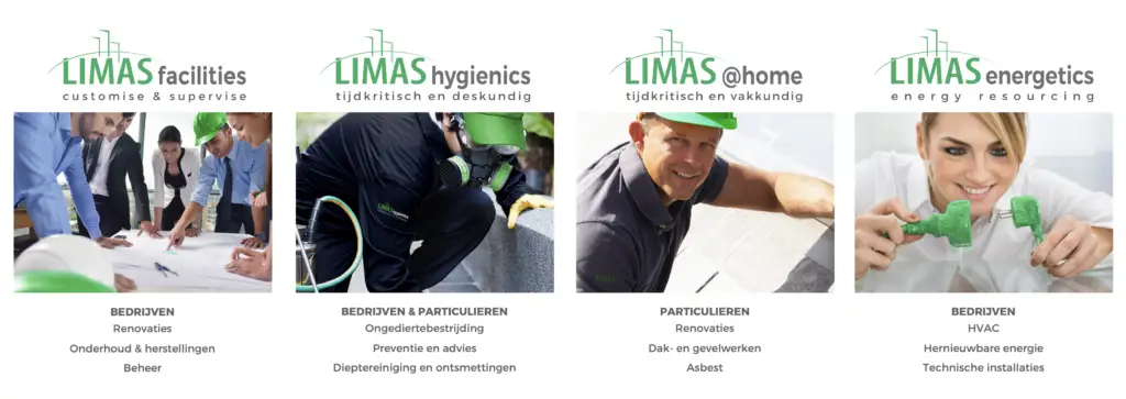 Group Limas - Logo's en kort dienstenoverzicht entiteiten